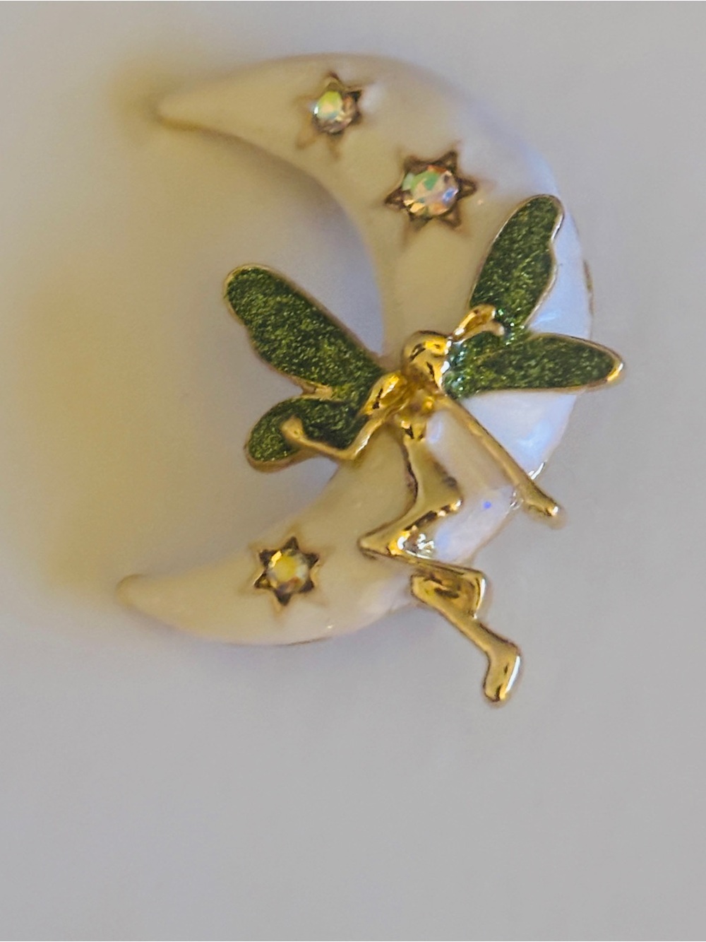 Gold Fairy on White Crescent Moon Brooch with Green Enamel Wings